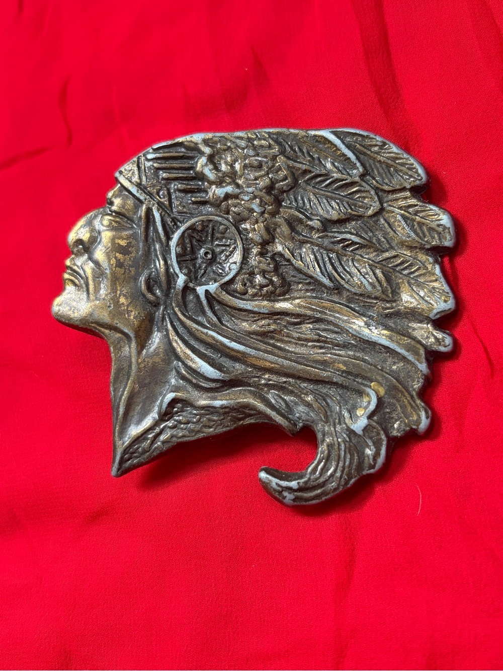 Vintage 1970s Solid Brass Native American Indian Chief Head Belt Buckle Western